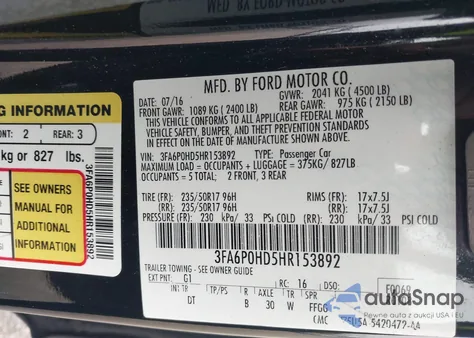2017 Ford Fusion Se z USA, uszkodzony, nr VIN 3FA6P0HD5HR153892